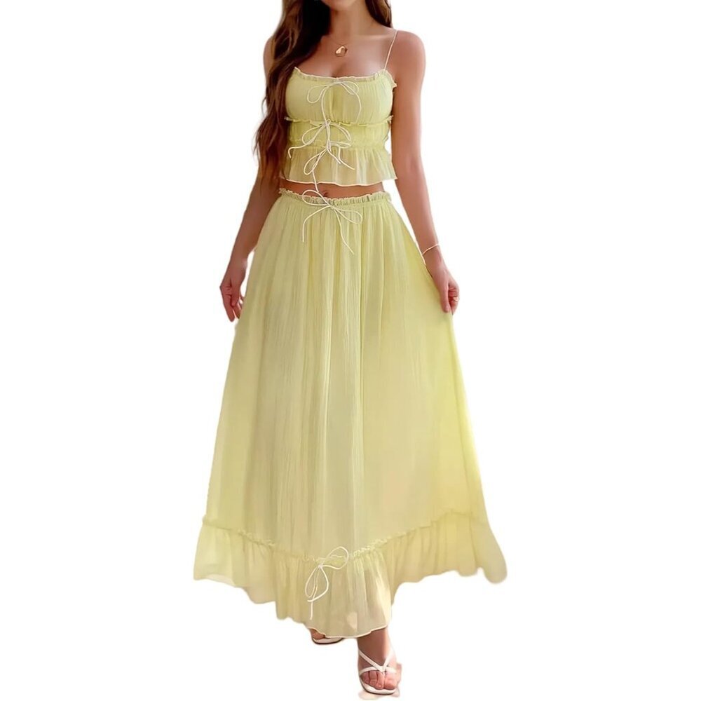 Summer Maxi Skirt Set Women Linen 2 Piece Casual Ruffle Tiered Dress